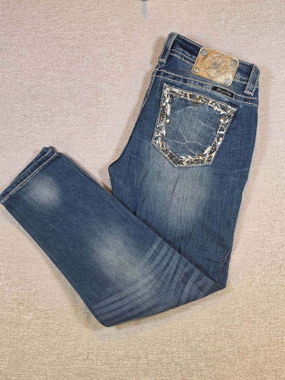 Miss Me Ankle Skinny Jeans Sequin Rhinestone Bling Pocket Denim Women Size 29